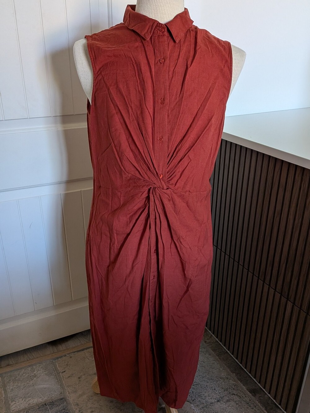 Warehouse Button-Front Knot Midi Dress in Rust